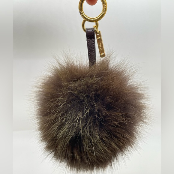 Fendi Brown Fur Pom Pom Bag Charm on leather strap with gold hardware - Picture 10 of 10